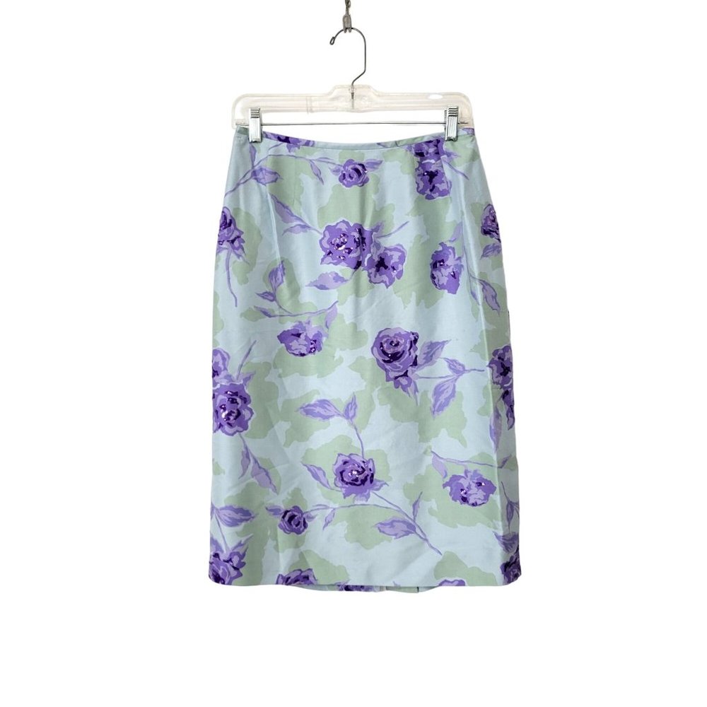 Albert Nippon Green Silk Skirt with Purple Roses Vintage